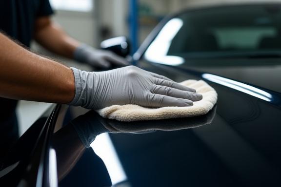 Primo piano di un detailer professionista che lucida a mano la carrozzeria di un'auto scura.